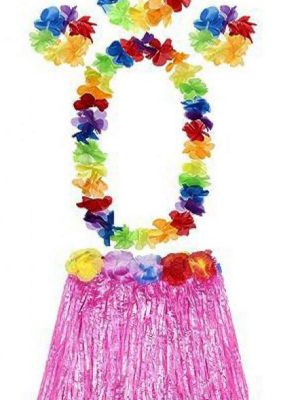 Yetişkin ve Çocuk Uyumlu Luau Aloha Hawaii Pembe Etek ve Renkli Kolye Taç 2 Adet Bileklik Seti