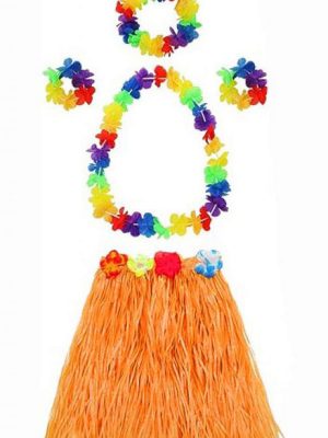 Yetişkin ve Çocuk Uyumlu Luau Aloha Hawaii Turuncu Etek ve Renkli Kolye Taç 2 Adet Bileklik Seti