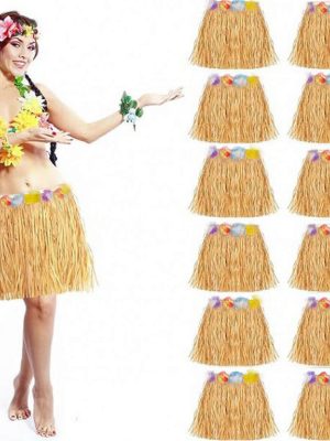 Yetişkin ve Çocuk Uyumlu Saman Renk Hawaii Luau Hula Etek 40 cm 12 Adet