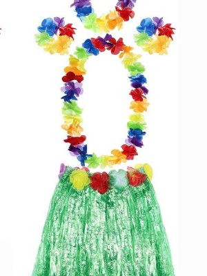 Yetişkin ve Çocuk Uyumlu Luau Aloha Hawaii Yeşil Etek ve Renkli Kolye Taç 2 Adet Bileklik Seti
