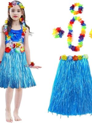 Yetişkin ve Çocuk Uyumlu Hawaii Luau Aloha Mavi Püsküllü Etek Kolye Taç ve 2 Adet Bileklik Seti