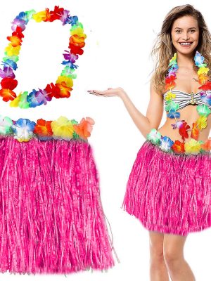 Hawaii Luau Aloha Pembe Püsküllü 40 cm Etek ve Hawaii Kolye Seti