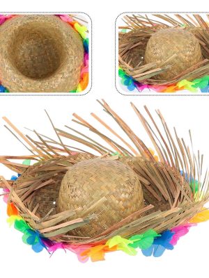 Naturel Renk Püsküllü Örme Hasır Hawaii Luau Aloha Şapka 13x36 cm