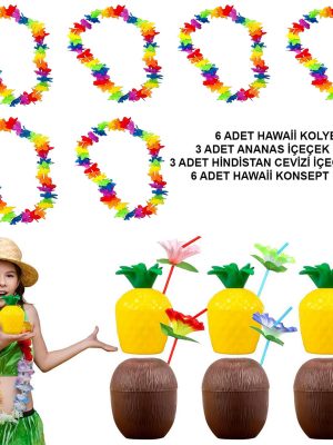 Tropikal Hawaii Parti Malzemeleri – Kolye, Pipet, Bardak Seti