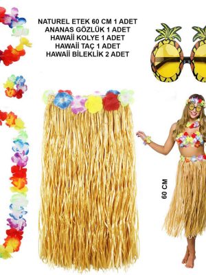 Hawaii Parti Kostüm Seti - 60 cm Hasır Etek, Çiçekli Aksesuarlar ve Ananas Gözlük