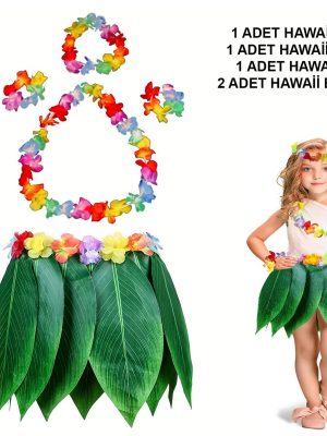 Çocuk Hawaii Kostüm Seti - Yaprak Etek & Hawaii Set - 5 Parça