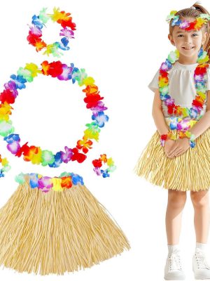 Yetişkin Çocuk Hawaii Parti Seti - 40 cm Naturel Etek + Çiçek Aksesuarlar (5 Parça)