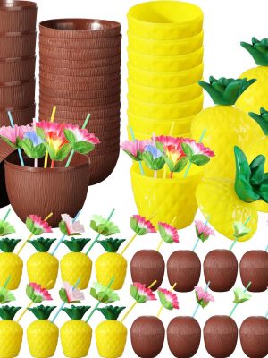 Tropikal Parti Bardak Seti – Ananas ve Hindistan Cevizi Şekilli Pipetli Bardaklar (20 Adet)