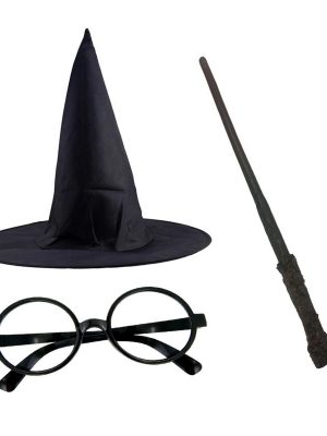 Harry Potter Siyah Şapkası Harry Potter Gözlüğü Harry Potter Asası 3 lü Set