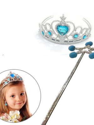 Mavi Ponponlu Karlar Ülkesi Elsa Asası ve Mavi Kalp Taşlı Elsa Tacı