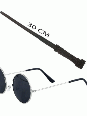 Harry Potter Asası 30 cm ve Siyah Metal Çerçeveli Harry Potter Gözlüğü Seti