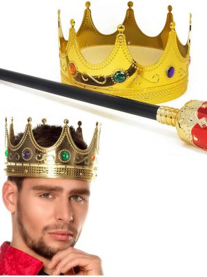 Altın Renk 60 cm Kral Tacı Kraliyet Tacı ve Kırmızı Topuzlu Kral Asası Seti