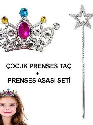 Çocuklar İçin Taraklı Prenses Tacı ve Prenses Yıldız Asa Seti Gümüş