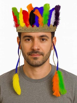 Rengarenk Tüylerle İşlenmiş Lastikli Kızılderili Başlığı