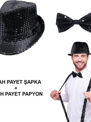 Siyah Payetli Şapka ve Papyon Seti – Parıltılı Yetişkin Kostüm Seti