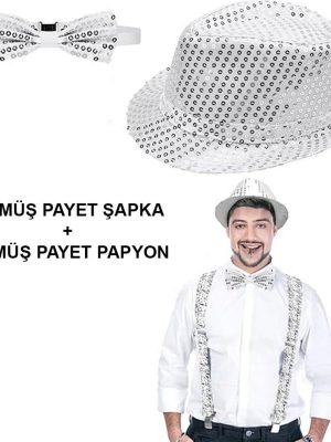 Gümüş Payetli Şapka ve Papyon Seti – Parıltılı Yetişkin Kostüm Seti
