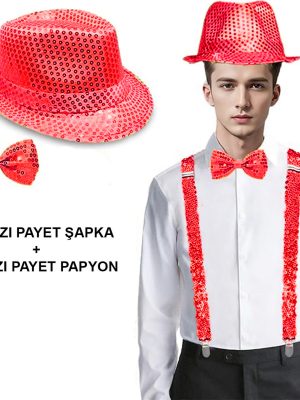 Kırmızı Payetli Şapka ve Papyon Seti – Parıltılı Yetişkin Kostüm Seti