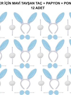 Mavi Tavşan Kostüm Seti – Taç, Papyon, Ponpon (12’li Paket)