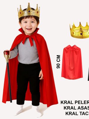 Çocuk Kral Kostüm Seti – Kırmızı Pelerin, Taç ve Asa (90 cm)