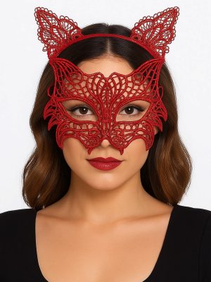 Kırmızı Dantel Kedi Maskesi ve Dantel Taç Seti 8 No – Kadın Kostüm Aksesuarı