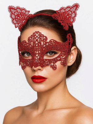 Romantik Kırmızı Dantel Maske Seti – Kedi Kulaklı Taç ve Maske 3 No