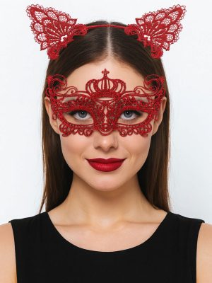 Lüks Kırmızı Dantel Taçlı Maske Seti 2 No - Parti, Balo, Kostüm Aksesuarı