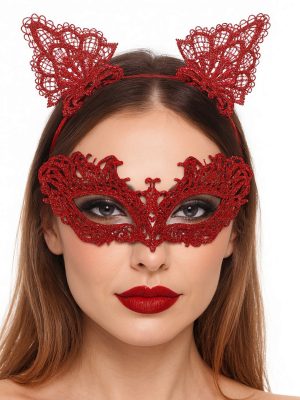 Şık Kırmızı Dantel Maske ve Taç Seti 5 No – Maskeli Balo & Özel Etkinlikler