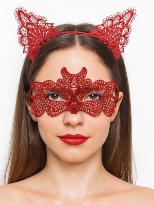 Ateş Kırmızısı Dantel Taç ve Maske Seti 10 No - Maskeli Balo & Özel Gün Seti