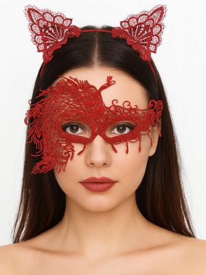 Alevin Zarafeti Kırmızı Dantel Maske ve Taç Seti 4 No – Kadın Kostüm Tamamlayıcı
