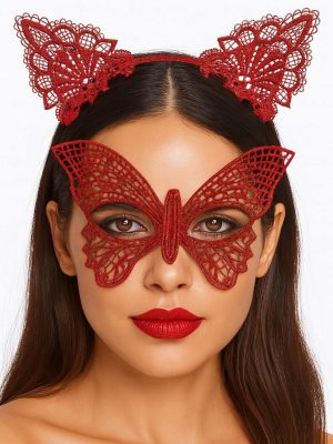 Gösterişli Kırmızı Dantel Maske ve Taç Seti 7 No – Masquerade ve Davetler için