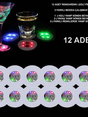 Renkli LED Işıklı Bardak Altlığı - Dekoratif (12 Adet, Pilli)