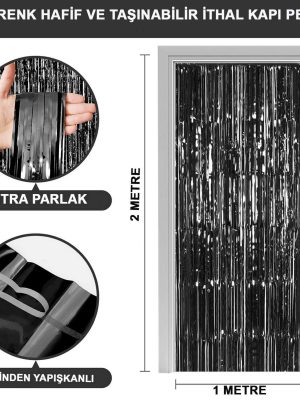 Siyah Renk Ekstra Metalize Parlak Saçaklı Arka Fon Perde İthal A Kalite 1x2 Metre