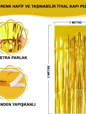 Altın Gold Renk Ekstra Metalize Parlak Saçaklı Arka Fon Perde İthal A Kalite 1x2 Metre