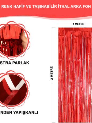 Kırmızı Renk Ekstra Metalize Parlak Saçaklı Arka Fon Perde İthal A Kalite 1x2 Metre
