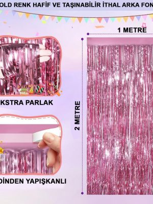 Rose Gold Renk Ekstra Metalize Parlak Saçaklı Arka Fon Perde İthal A Kalite 1x2 Metre