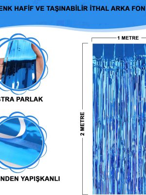 Mavi Renk Ekstra Metalize Parlak Saçaklı Arka Fon Perde İthal A Kalite 1x2 Metre