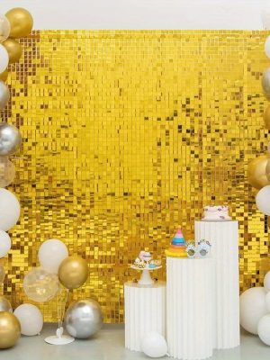 Altın Gold Renk Dikdörtgen Kesim Parlak Sim Görünümlü Fon Perde Dekor 1x2 Metre