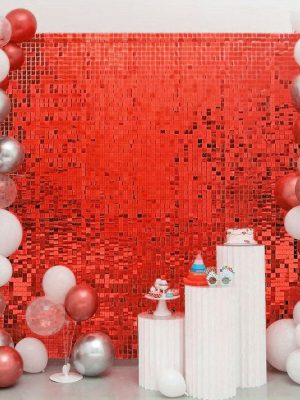 Kırmızı Renk Dikdörtgen Kesim Parlak Sim Görünümlü Fon Perde Dekor 1x2 Metre