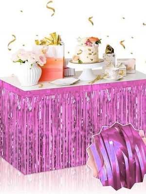 Kendinden Yapışkanlı Pembe Metalize Püsküllü Masa Eteği – 75 x 275 cm Parti Süslemesi