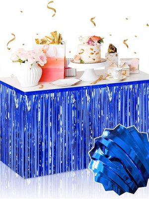 Kendinden Yapışkanlı Mavi Metalize Püsküllü Masa Eteği – 75 x 275 cm Parti Süslemesi