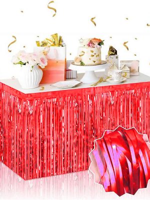 Kendinden Yapışkanlı Kırmızı Metalize Püsküllü Masa Eteği – 75 x 275 cm Parti Süslemesi