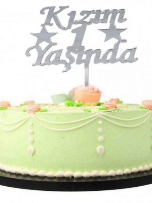 Kızım 1 Yaşında İlk Yaş Doğum Günü Partisi Pleksi Pasta Süsü Gümüş Renk