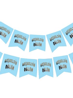 Hoşgeldin Oğlum Yazılı Mavi Üzeri Gümüş Yeni Doğan Bebek Doğum Süsü Afiş Bayrak Flama 2.2 Metre