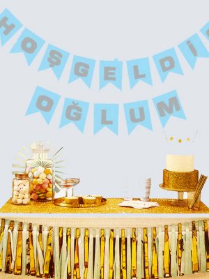 Hoşgeldin Oğlum Mavi Üzeri Gümüş Yeni Doğan Bebek Doğum Süsü Afiş Bayrak Flama 2.2 Metre