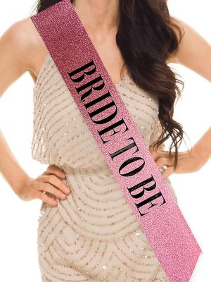 Pembe Üzeri Siyah Büyük Bride To Be Yazılı Simli Işıltılı Kuşak Kemer 10 cm Genişlik