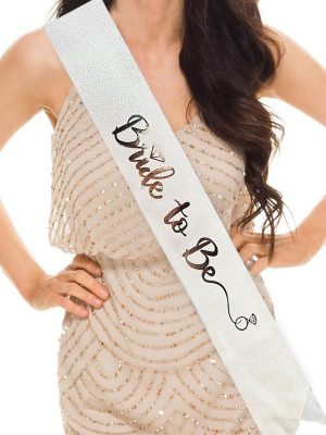 Beyaz Üzeri Gümüş İtalik Alyanslı Bride To Be Yazılı Simli Işıltılı Kuşak Kemer 10 cm Genişlik