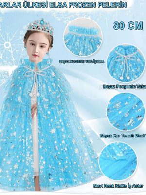 Karlar Ülkesi Elsa Frozen Mavi Pelerin – 80 cm Kar Desenli Çocuk Pelerini ( Taç Hariç )