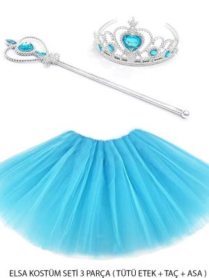 Mavi Prenses Elsa Kostüm Seti 3 Parça (Tütü Etek + Taç + Asa )