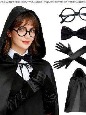 Siyah Kapüşonlu Büyücü ve Cadı Pelerin Kostüm Seti (4 Parça)