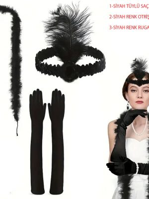 1920’ler Tarzı Siyah Tüylü Saç Bandı, Rugan Siyah Eldiven ve Siyah Otri̇ş Seti